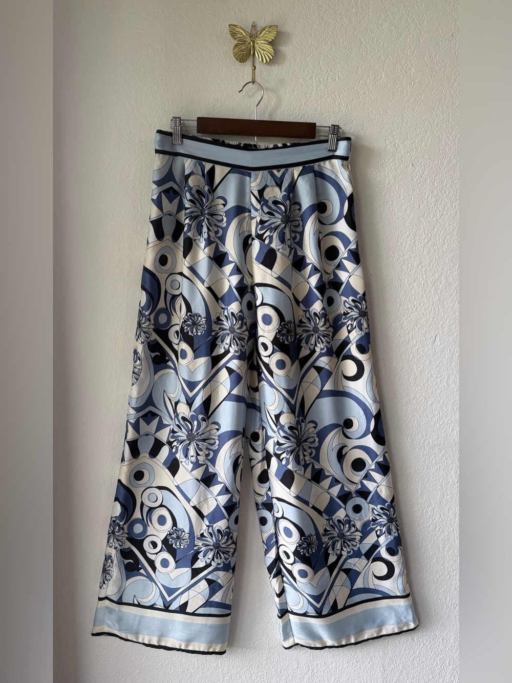H&M Blue & White Geometric Floral Wide-Leg Pants size 10 - Picture 4 of 12